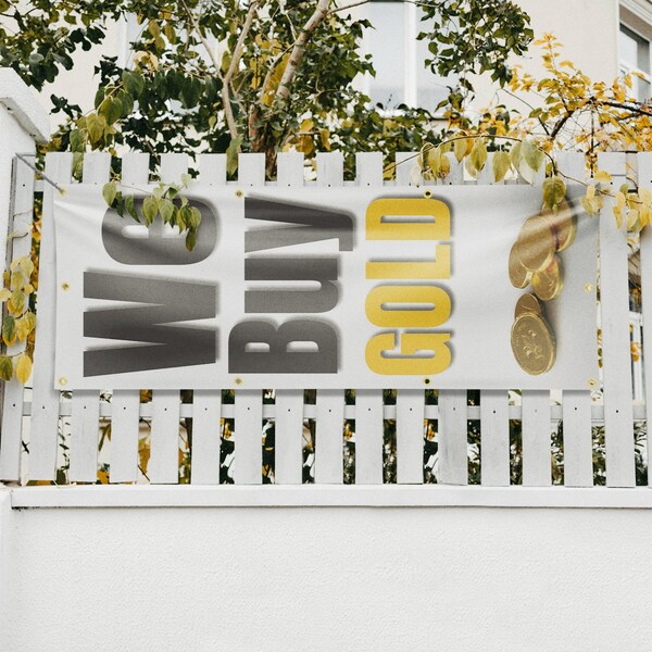 Signmission We Buy Gold Vertical, 36 Inch x 96 Inch, Vinyl Banner - B-96-30926