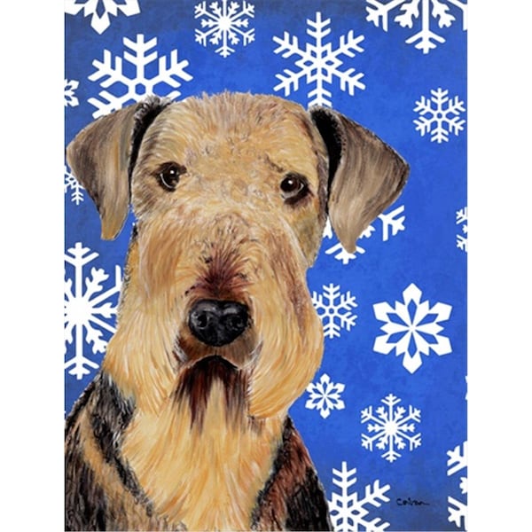 Carolines Treasures 28 x 40 in. Airedale Winter Snowflakes Holiday House Size Canvas Flag - SC9373CHF