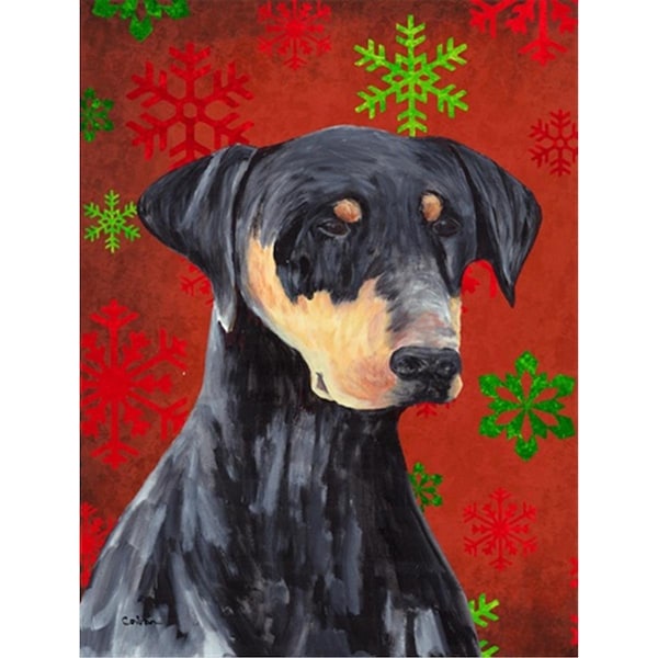 Patioplus 11 x 15 in. Doberman Red and Green Snowflakes Holiday Christmas Garden Size Flag - PA631298