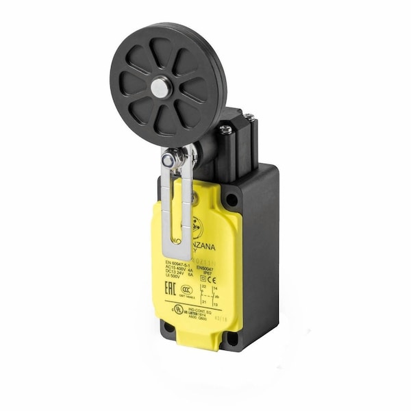 Conmutador de límite de rodillo/palanca de interconexión de sistemas de automatización, rodillo de 50 mm, longitud de palanca ajustable, contactos de acción rápida 1NC-1NO, NPT - FTNG140-Z11N.