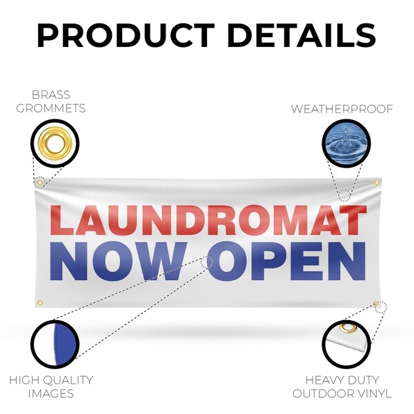 Signmission Laundromat Now Open, 18 Inch x 48 Inch, Vinyl Banner - B-30724