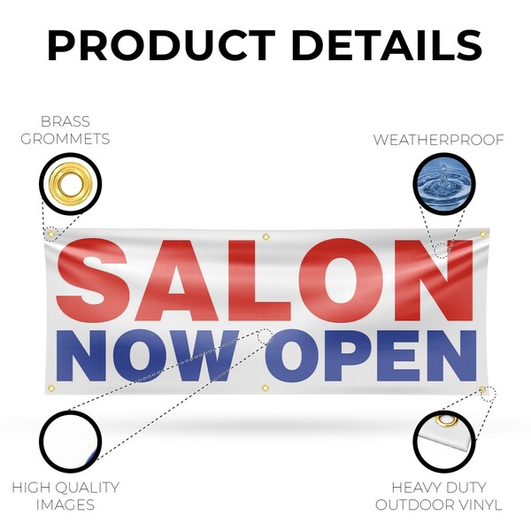 Signmission Salon Now Open, 24 Inch x 72 Inch, Vinyl Banner - B-72-30848