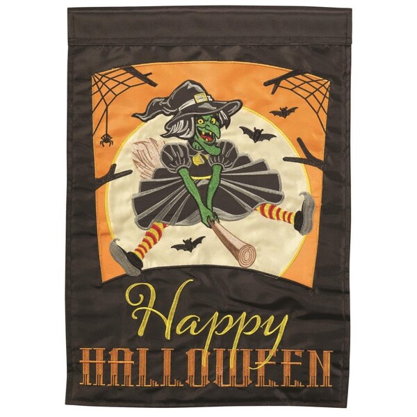 Magnolia Gardens 13 x 18 in Flying Witch Happy Halloween Double Applique Garden Flag - M011441