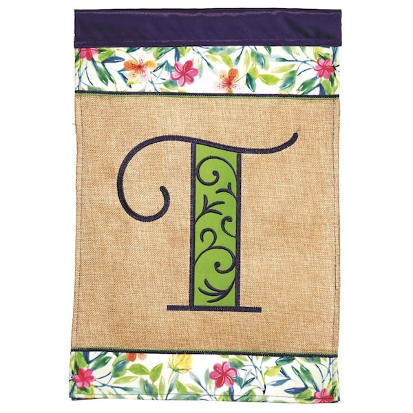 Magnolia Gardens 13 x 18 in Double Applique Monogram T Spring Burlap  Print Garden Flag - M030089