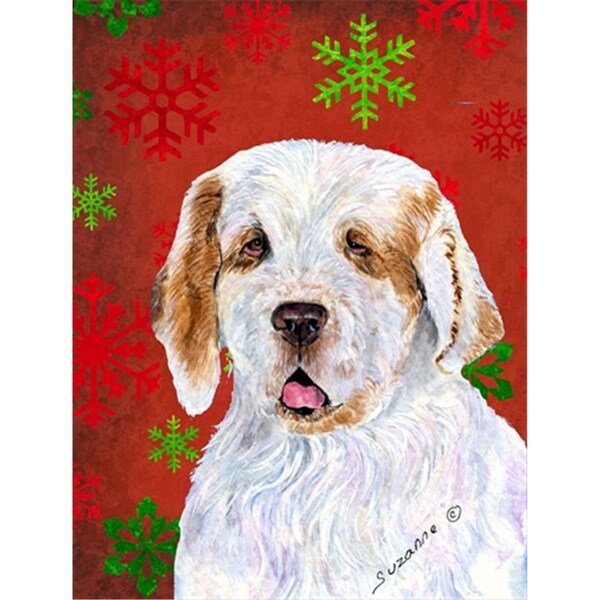 Patioplus Clumber Spaniel Red and Green Snowflakes Holiday Christmas Flag Garden Size - PA252092