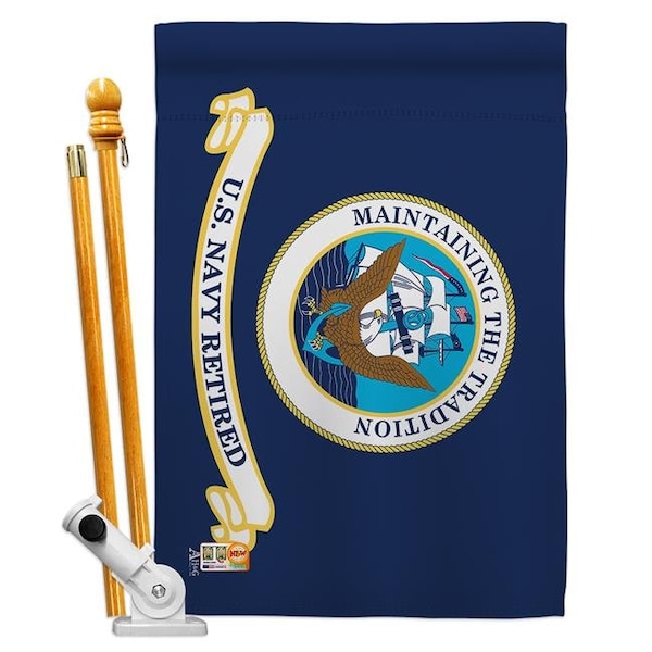 Americana Home & Garden Americana Home & Garden AA-MI-HS-140353-IP-BO-D-US18-AG 28 x 40 in. Retired Navy Military Impressions Decorative Vertical Double Sided House Flag Set & Pole Bracket Hardware Flag Set - HS140353-BO