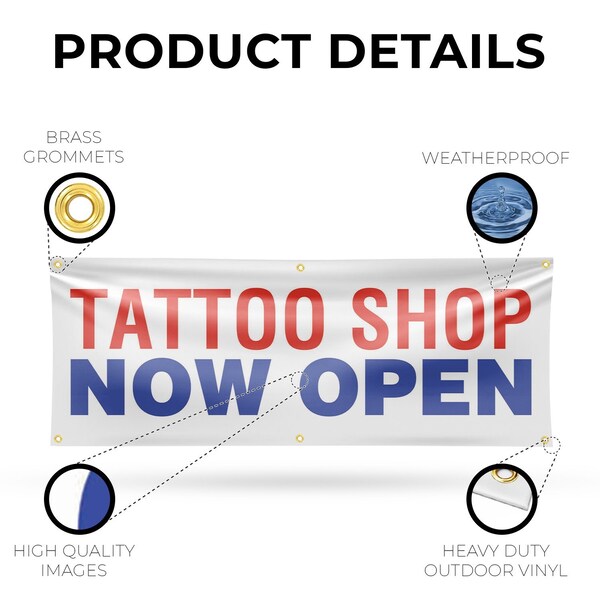 Signmission Tattoo Shop Now Open, 24 Inch x 72 Inch, Vinyl Banner - B-72-30881