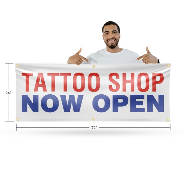 Signmission Tattoo Shop Now Open, 24 Inch x 72 Inch, Vinyl Banner - B-72-30881
