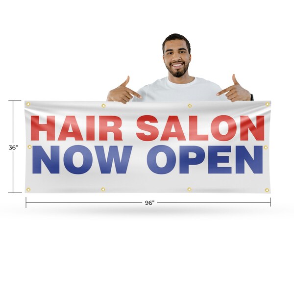 Signmission Hair Salon Now Open, 36 Inch x 96 Inch, Vinyl Banner - B-96-30689