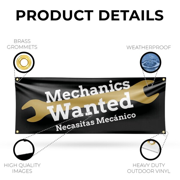 Signmission Mechanics Wanted English Spanish, 18 Inch x 48 Inch, Vinyl Banner - B-30735