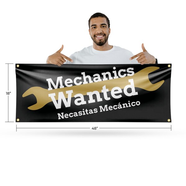 Signmission Mechanics Wanted English Spanish, 18 Inch x 48 Inch, Vinyl Banner - B-30735