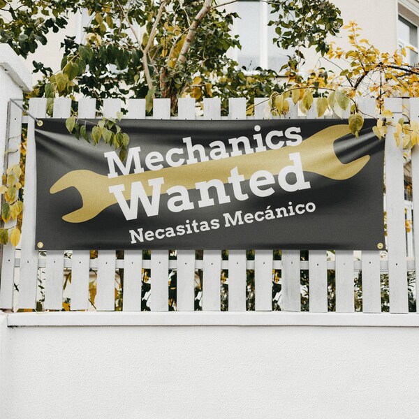 Signmission Mechanics Wanted English Spanish, 18 Inch x 48 Inch, Vinyl Banner - B-30735