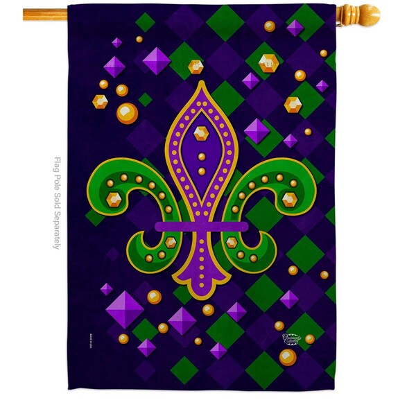 Cuadrilatero 28 x 40 in. Diamond Fleur de Lis Springtime Mardi Gras Vertical House Flag with Double-Sided Banner - CU3920239