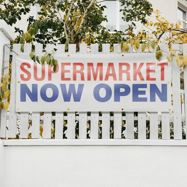 Signmission Supermarket Now Open, 36 Inch x 96 Inch, Vinyl Banner - B-96-30872