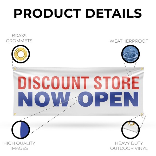 Signmission Discount Store Now Open, 18 Inch x 48 Inch, Vinyl Banner - B-30546