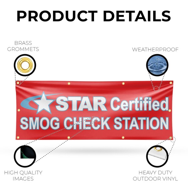 Signmission Star Certified Smog Check Station, 36 Inch x 96 Inch, Vinyl Banner - B-96-30865