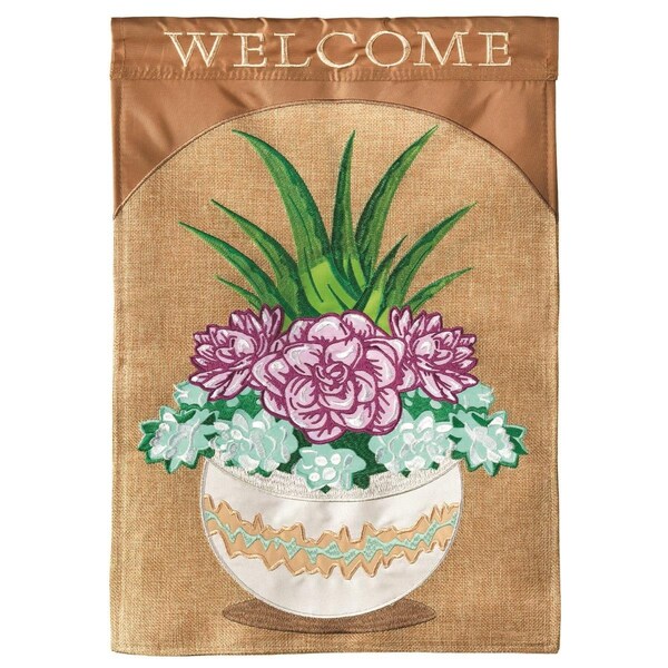 Dicksons 29 x 42 in Flag Double Applique Welcome Succulents Burlap Large - M001084