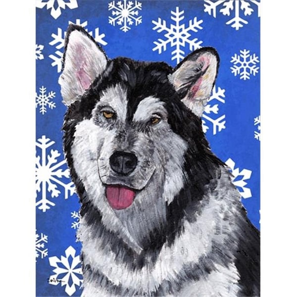 Carolines Treasures Carolines Treasures SC9491CHF Alaskan Malamute Winter Snowflakes Holiday Flag Canvas House Size - SC9491CHF