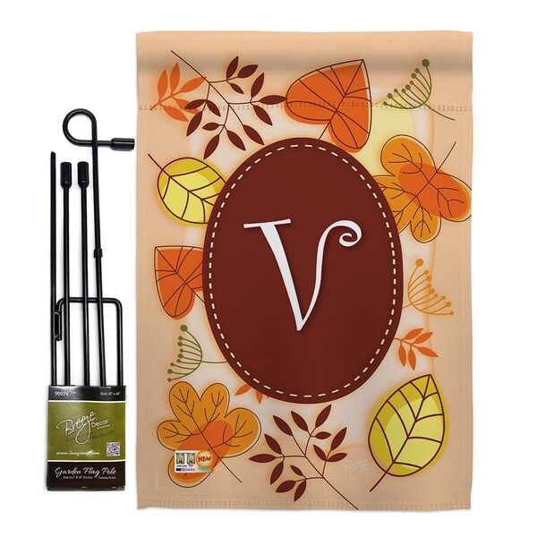 Gardencontrol 13 x 18.5 in. Autumn V Initial Fall Harvest & Vertical Dbl Sided Garden Flag Set with Banner Pole - GA4099938