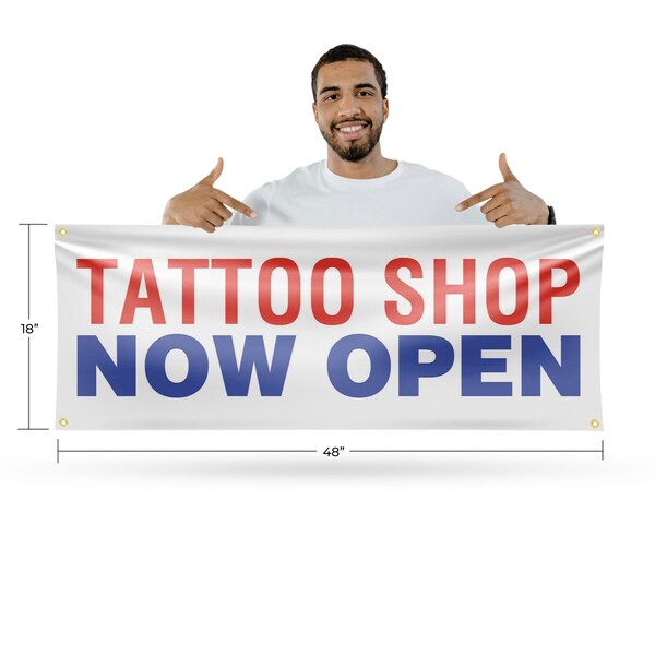 Signmission Tattoo Shop Now Open, 18 Inch x 48 Inch, Vinyl Banner - B-30881