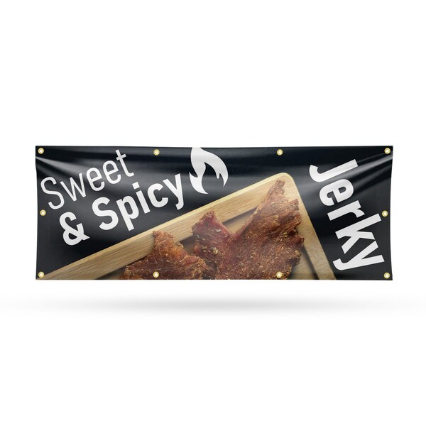 Signmission Sweet and Spicy Jerky, 36 Inch x 96 Inch, Vinyl Banner - B-96-30875