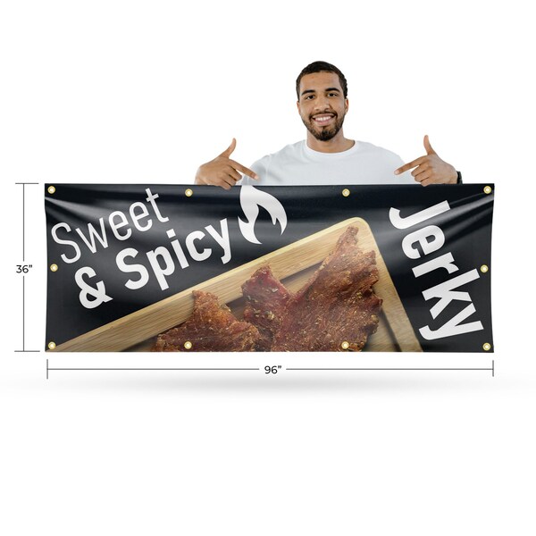 Signmission Sweet and Spicy Jerky, 36 Inch x 96 Inch, Vinyl Banner - B-96-30875