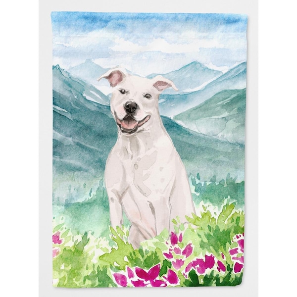 Carolines Treasures Mountian Flowers White Staffie Bull Terrier Garden Size Flag - CK1996GF
