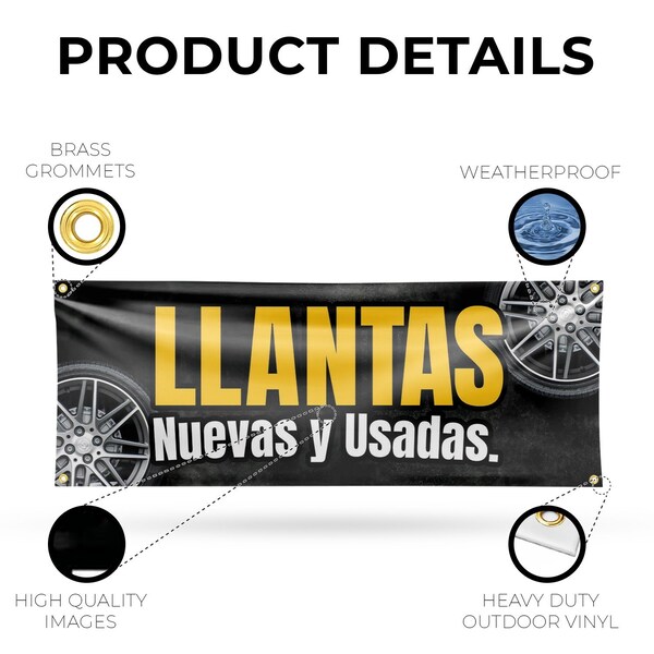 Signmission Llantas Nuevas y Usadas, 18 Inch x 48 Inch, Vinyl Banner - B-30726