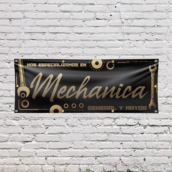 Signmission Nos Especializamos en Mechanica General y Mayor, 36 Inch x 96 Inch, Vinyl Banner - B-96-30758