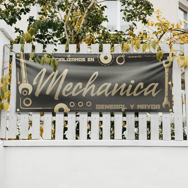 Signmission Nos Especializamos en Mechanica General y Mayor, 36 Inch x 96 Inch, Vinyl Banner - B-96-30758