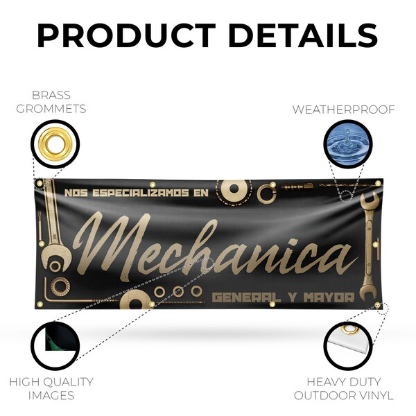 Signmission Nos Especializamos en Mechanica General y Mayor, 36 Inch x 96 Inch, Vinyl Banner - B-96-30758