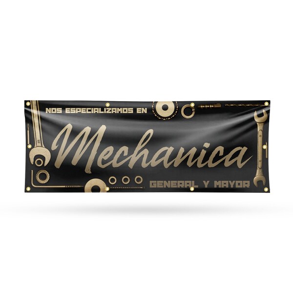 Signmission Nos Especializamos en Mechanica General y Mayor, 36 Inch x 96 Inch, Vinyl Banner - B-96-30758