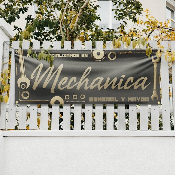 Signmission Nos Especializamos en Mechanica General y Mayor, 18 Inch x 48 Inch, Vinyl Banner - B-30758