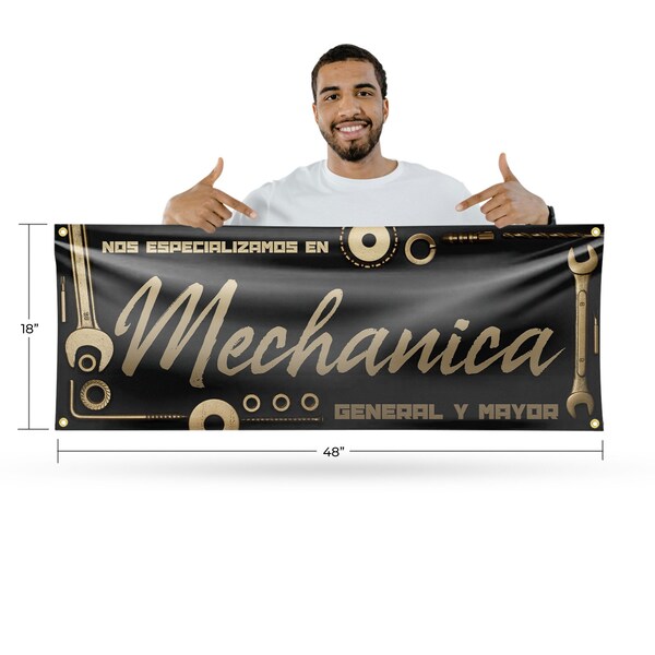 Signmission Nos Especializamos en Mechanica General y Mayor, 18 Inch x 48 Inch, Vinyl Banner - B-30758