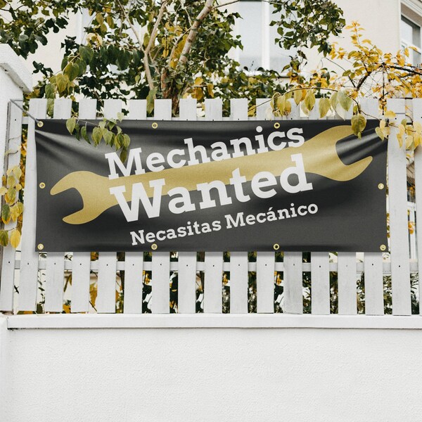 Signmission Mechanics Wanted English Spanish, 36 Inch x 96 Inch, Vinyl Banner - B-96-30735