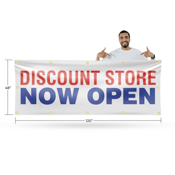 Signmission Discount Store Now Open, 48 Inch x 120 Inch, Vinyl Banner - B-120-30546