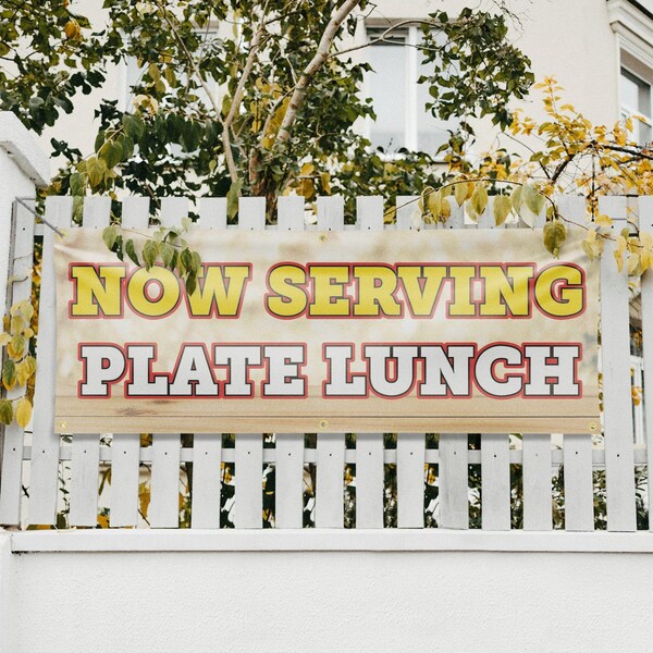 Signmission Now Serving Plate Lunch, 24 Inch x 72 Inch, Vinyl Banner - B-72-30766