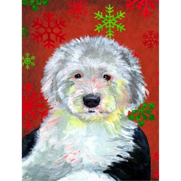 Patioplus 11 x 15 In. Old English Sheepdog Red Green Snowflakes Holiday Christmas Flag; Garden Size - PA251993