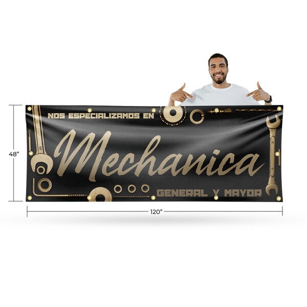 Signmission Nos Especializamos en Mechanica General y Mayor, 48 Inch x 120 Inch, Vinyl Banner - B-120-30758