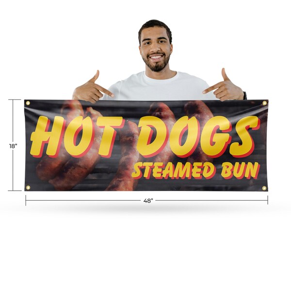 Signmission Hot Dogs Steamed Bun, 18 Inch x 48 Inch, Vinyl Banner - B-30700