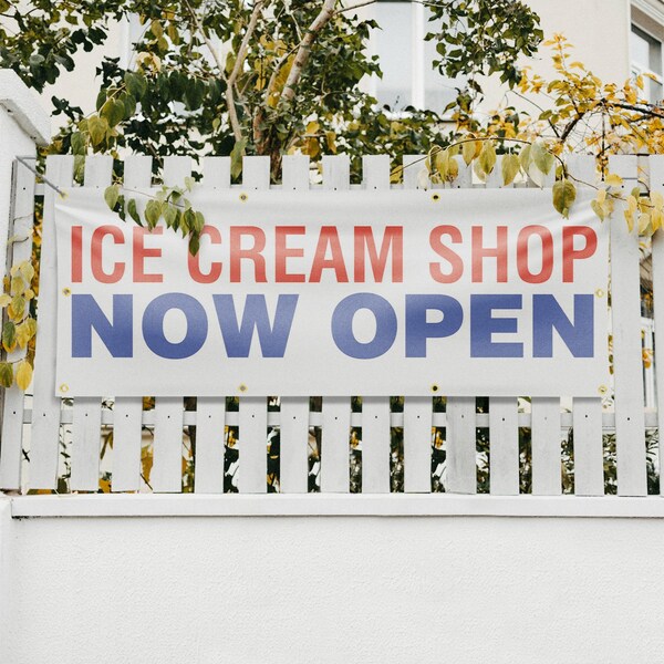 Signmission Ice Cream Shop Now Open, 36 Inch x 96 Inch, Vinyl Banner - B-96-30704