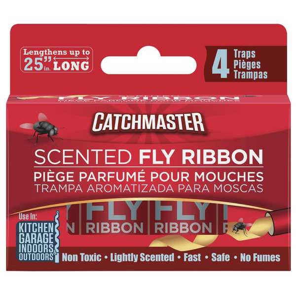 Catchmaster Scented Fly Ribbon Paper Trap, Indoor/Outdoor, 1-1/2 in W x 25 in H, Non-Toxic, PK 4 - 9144M4