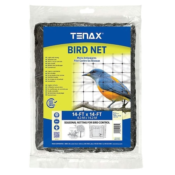 Tenax Plant and Pond Bird Net, 14 ft L, 14 ft W, 0.79 x 0.79 in Mesh, Polypropylene, Black - 2A220065