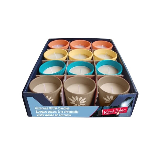 Seasonal Trends Ceramic Flower Citronella Candle, Round, Yellow, Orange, Blue and Brown, Citronella - Y252