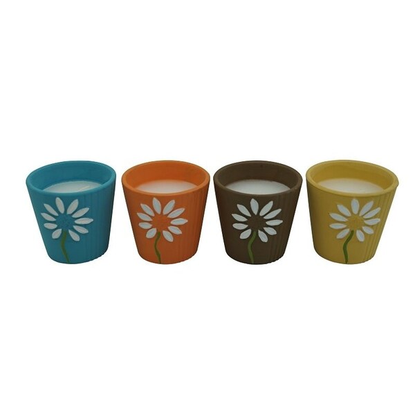 Seasonal Trends Ceramic Flower Citronella Candle, Round, Yellow, Orange, Blue and Brown, Citronella - Y252