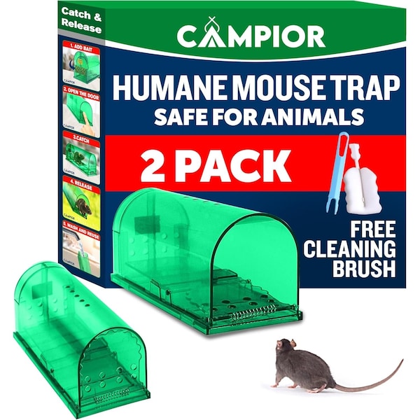 Campior Humane Mouse Trap, Large, No-Kill, Pet Safe, Easy Clean, No-Touch Release, Green, 2PK - CMPMU7GRS22
