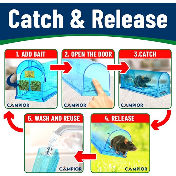Campior Humane Mouse Trap, Large, No-Kill, Child and Pet Safe, Easy Release, Blue, 4PK - CMPMO8SBL31