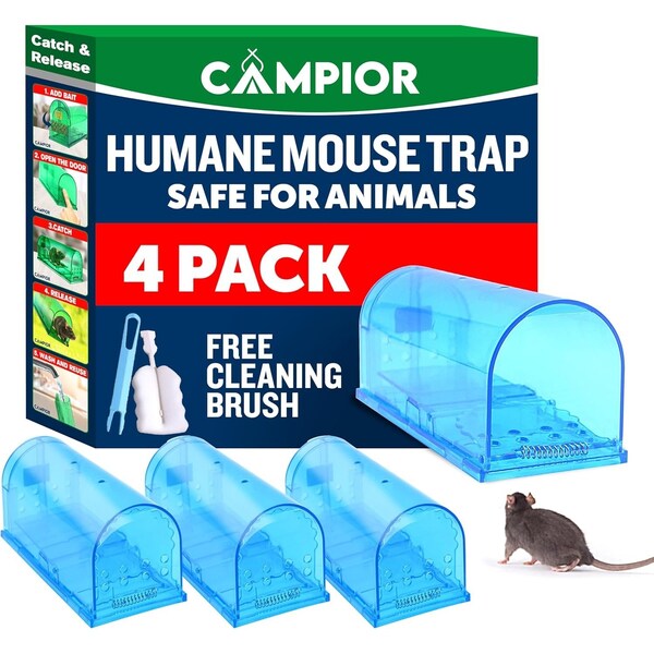 Campior Humane Mouse Trap, Large, No-Kill, Child and Pet Safe, Easy Release, Blue, 4PK - CMPMO8SBL31