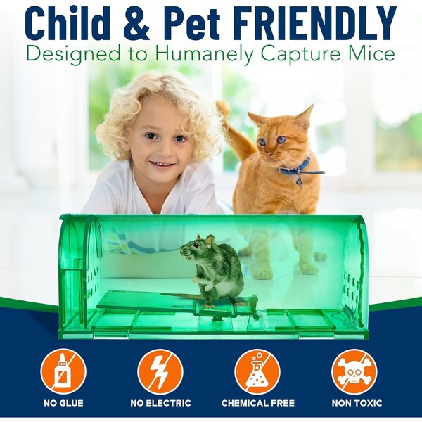 Campior Humane Mouse Trap, Large, No-Kill, Indoor, Pet Safe, Easy Clean, No-Touch Release, Green, 4PK - CMPMO8SGR64