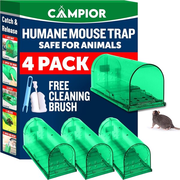 Campior Humane Mouse Trap, Large, No-Kill, Indoor, Pet Safe, Easy Clean, No-Touch Release, Green, 4PK - CMPMO8SGR64